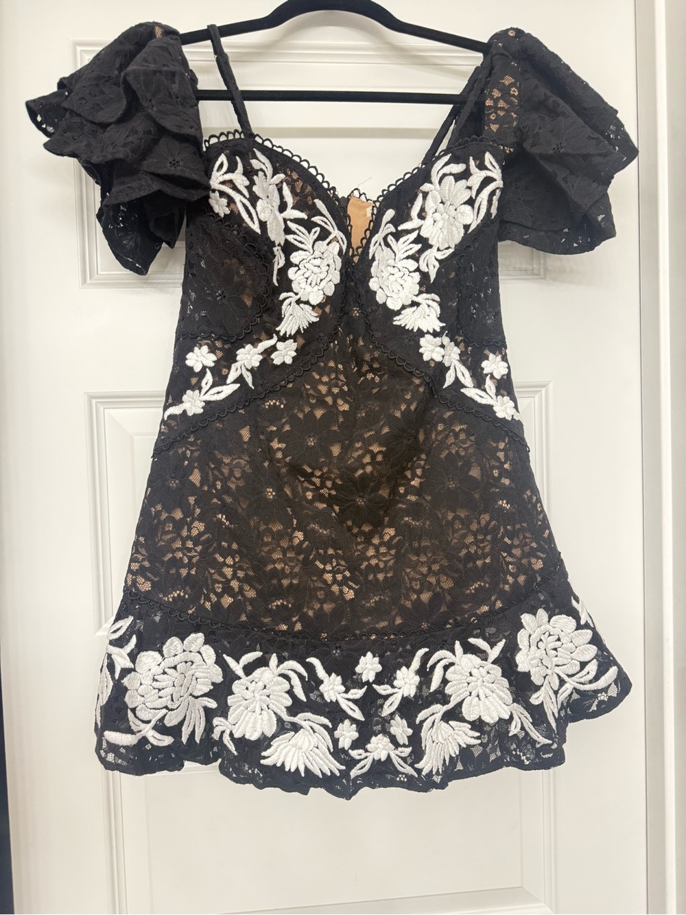 Black Lace Floral Embroidered Slip Dress with White Appliqué